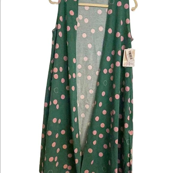 LuLaRoe Small Joy Vest • Forest Green With Rose Polka Dots • Long Sweater Vest - Picture 4 of 12